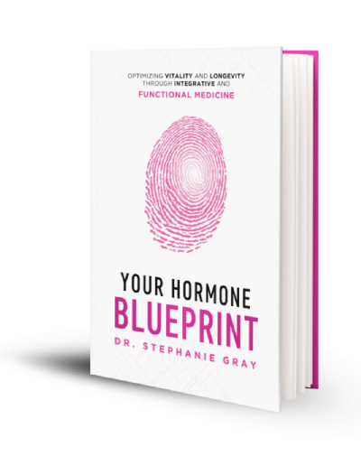 Book cover: Your Hormone Blueprint Dr. Stephanie Gray, White book with pink fingerprint detail and pink font